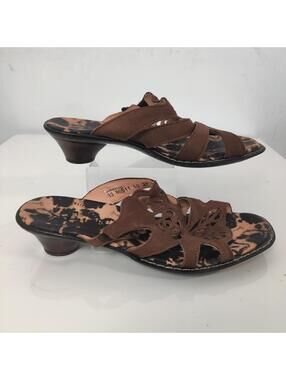 Think! Brown Leather Floral Cutout Kitten Heel Sandals EU 37